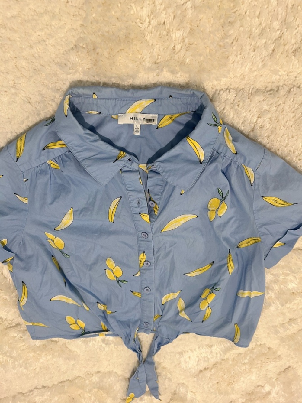 Milly Banana Print Bonnie Top - Blue Short-Sleeve Tie-Front Button-Down - Picture 6 of 12